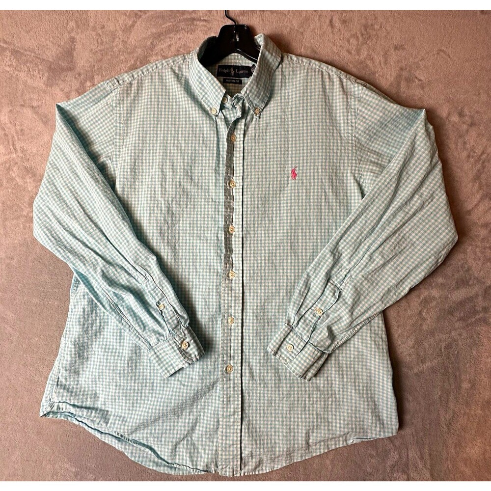 Ralph Lauren Custom Fit Men's XL Woven Cotton Button-Down Shirt Check Blue